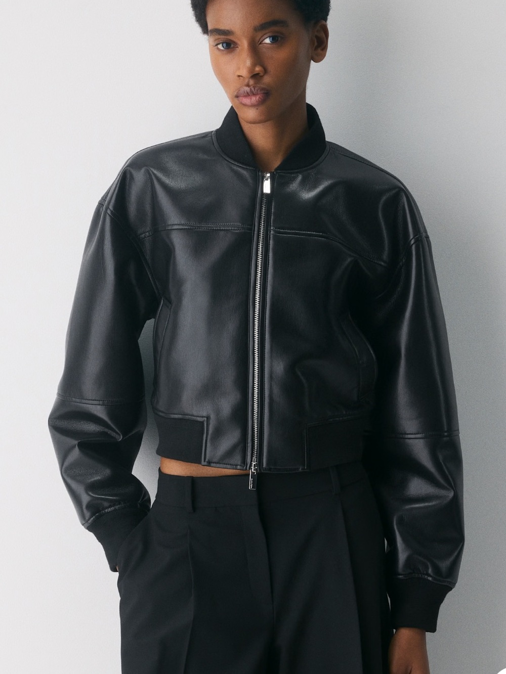 Aritzia Black Leather Cropped Bomber Jacket